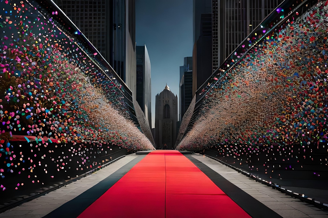 confetti, path, buildings, aisle, paper, bits, nature, wall, red carpet, sky
